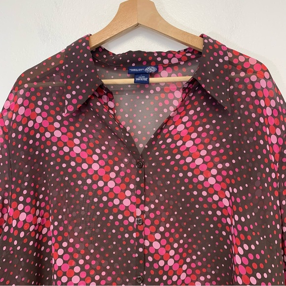 Venezia Blouse Woman 22/24 Button Up Pink Brown Polka Dot Long Sleeve Semi Sheer - Picture 2 of 9